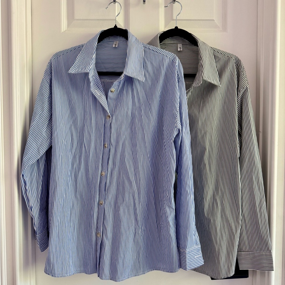 Striped Women's Button Down - 2 Shirts - Blue/White & Grey/White Pinstripe - L